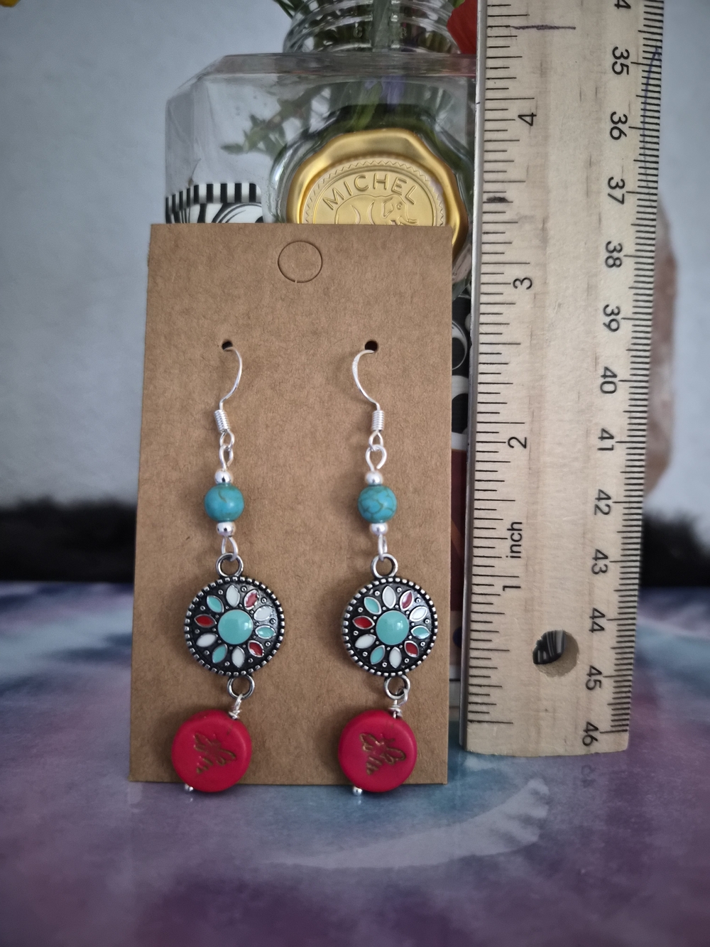 Handmade Boho Turquoise & Red Dangle Earrings